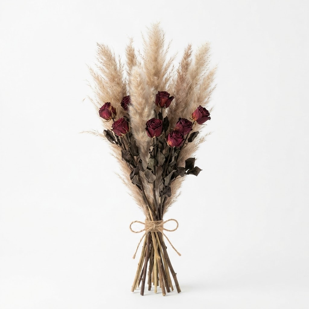 Preserved Pampas Grass and Dried Rose Bundle