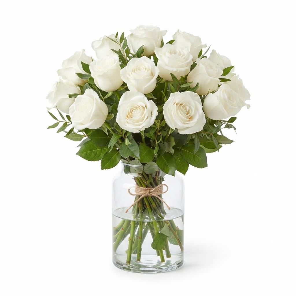 Romantic White Rose Bouquet in Glass Vase
