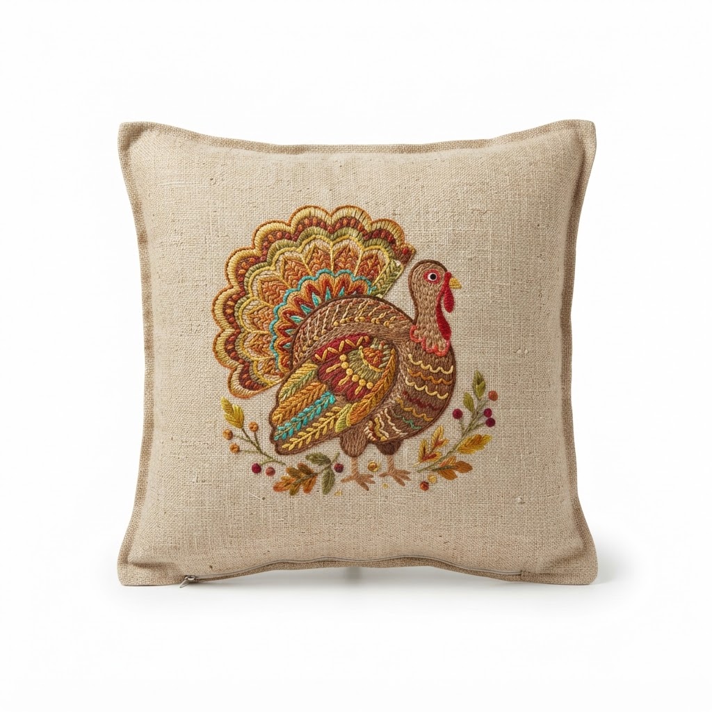 Embroidered Thanksgiving Turkey Accent Pillow