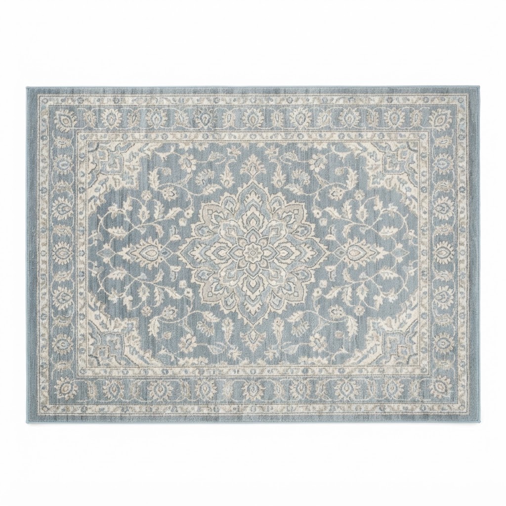 Transitional Pale Blue Floral Medallion Rug