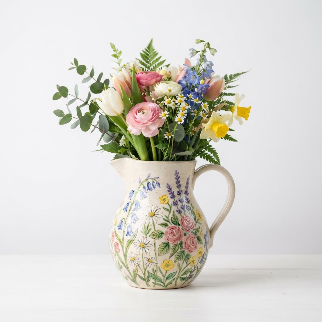 Hand-Painted Ceramic Floral Pitcher Vase