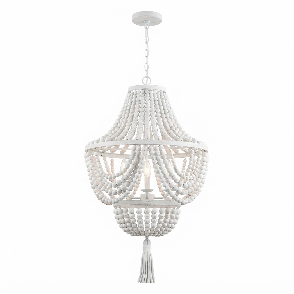 Beaded White Wood Chandelier