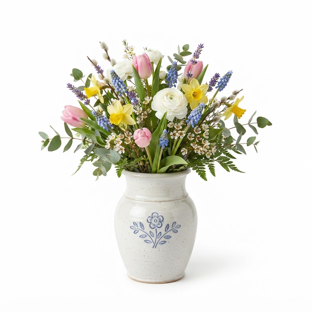 Spring Fresh Floral Arrangement in Ceramic Vase