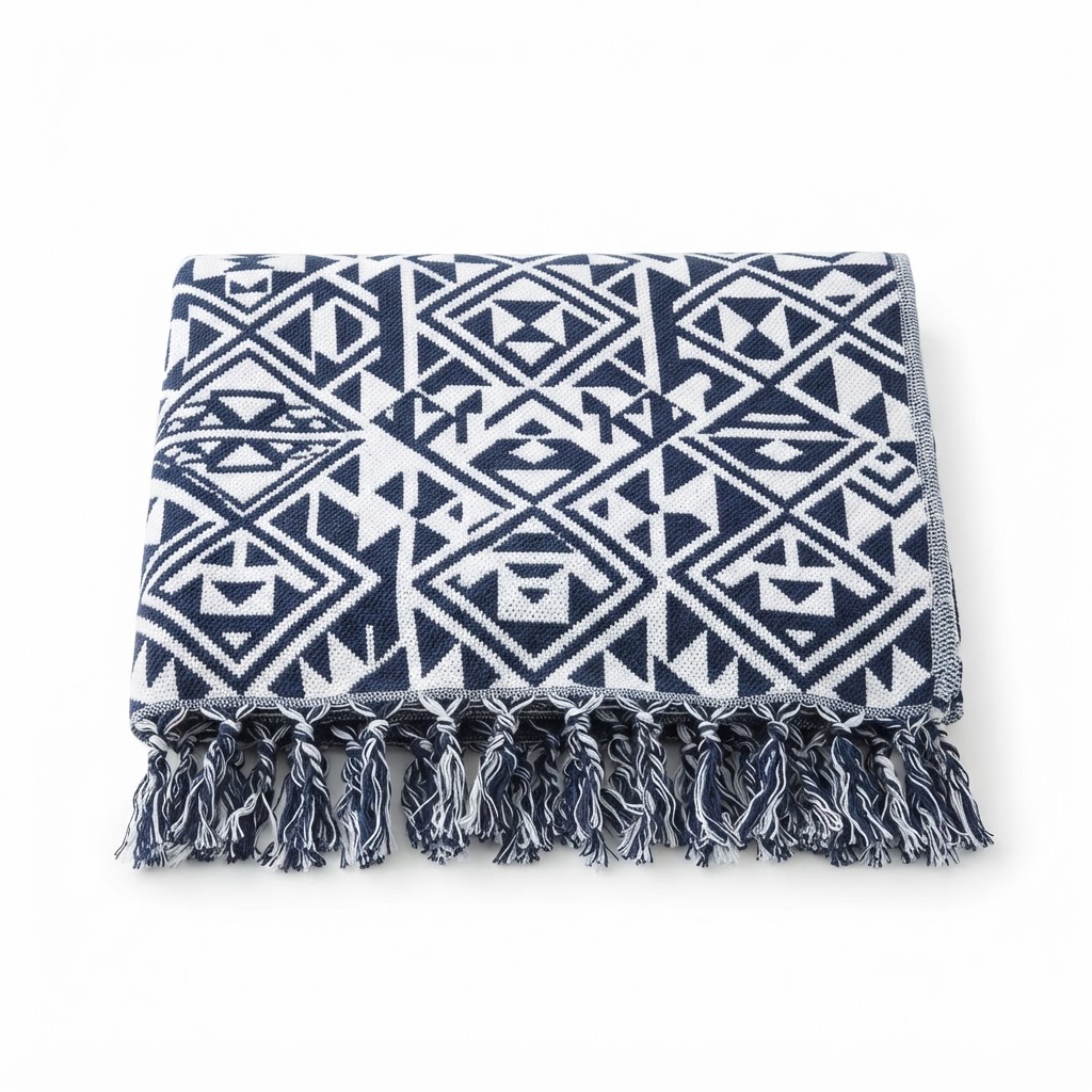 Navy and White Geometric Throw