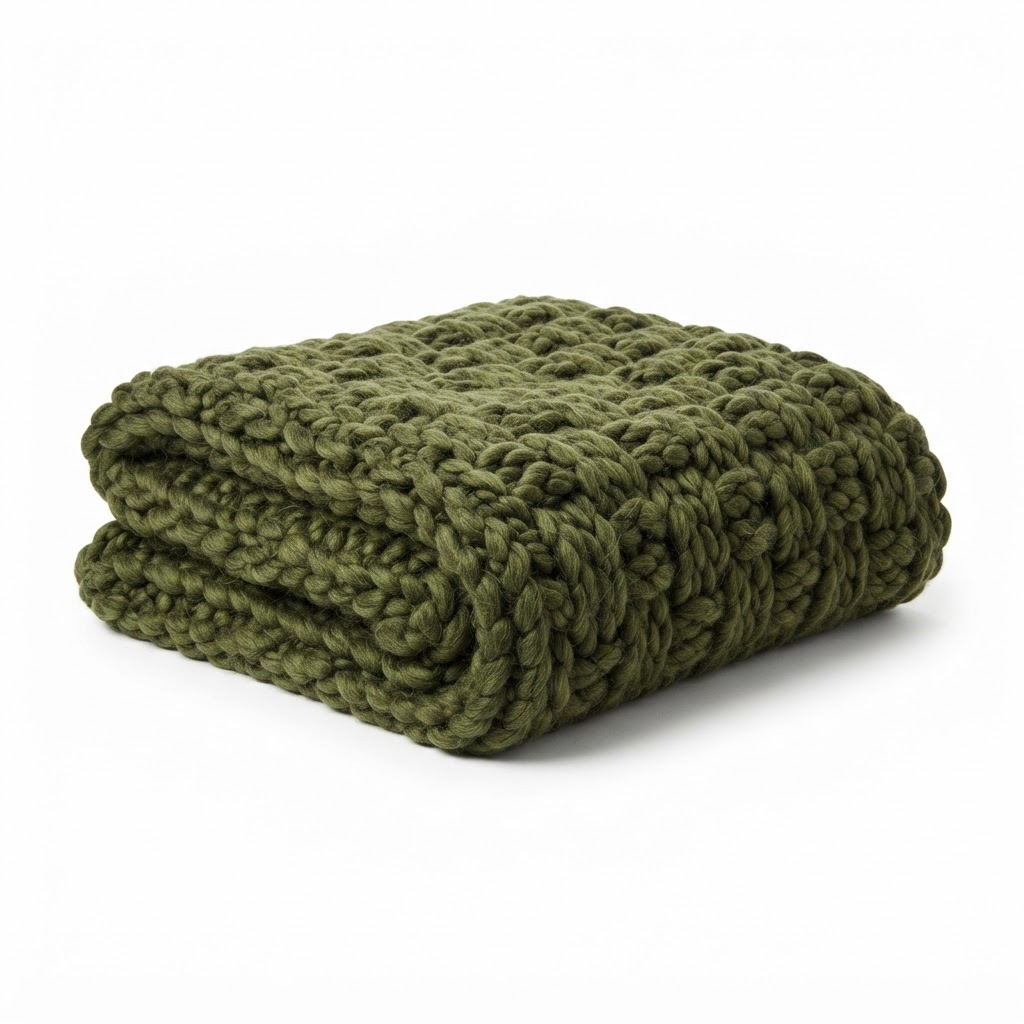 Woven Olive Green Chunky Knit Throw