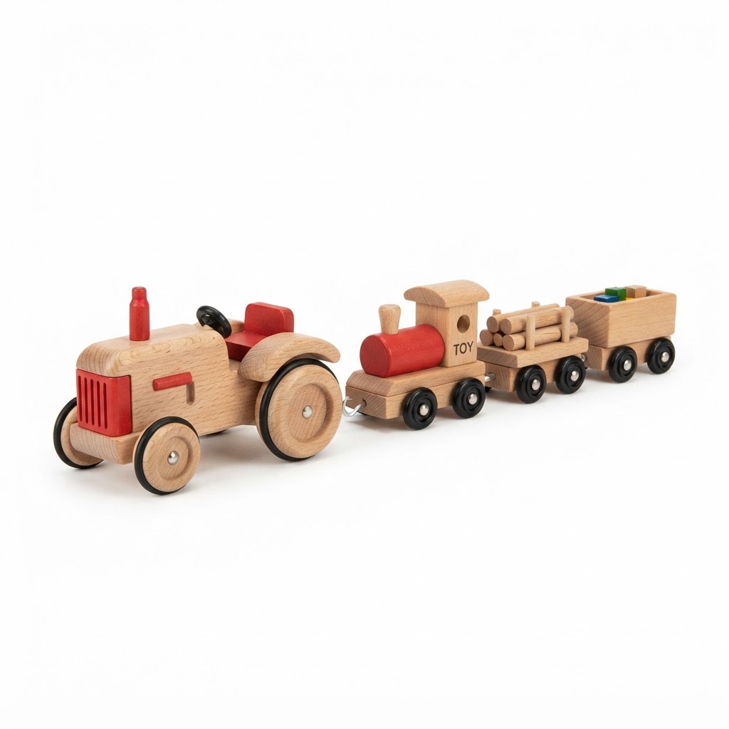 Wooden Toy Tractor and Train