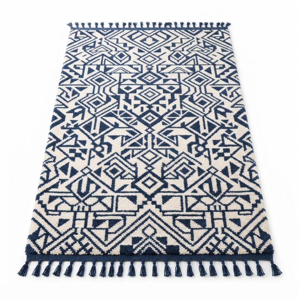 Geometric Navy and White Wool Rug