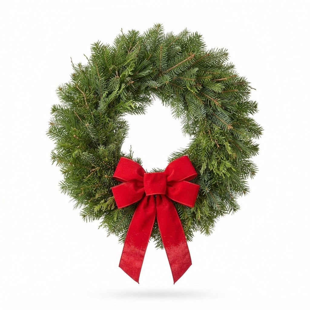 Evergreen Christmas Wreath with Red Bow