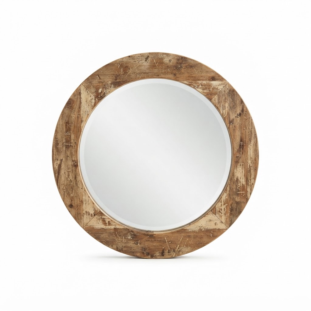 Round Distressed Wood Mirror