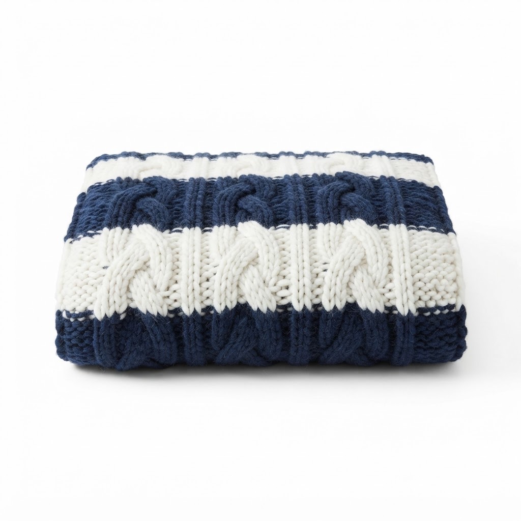 Chunky Knit Navy and White Throw
