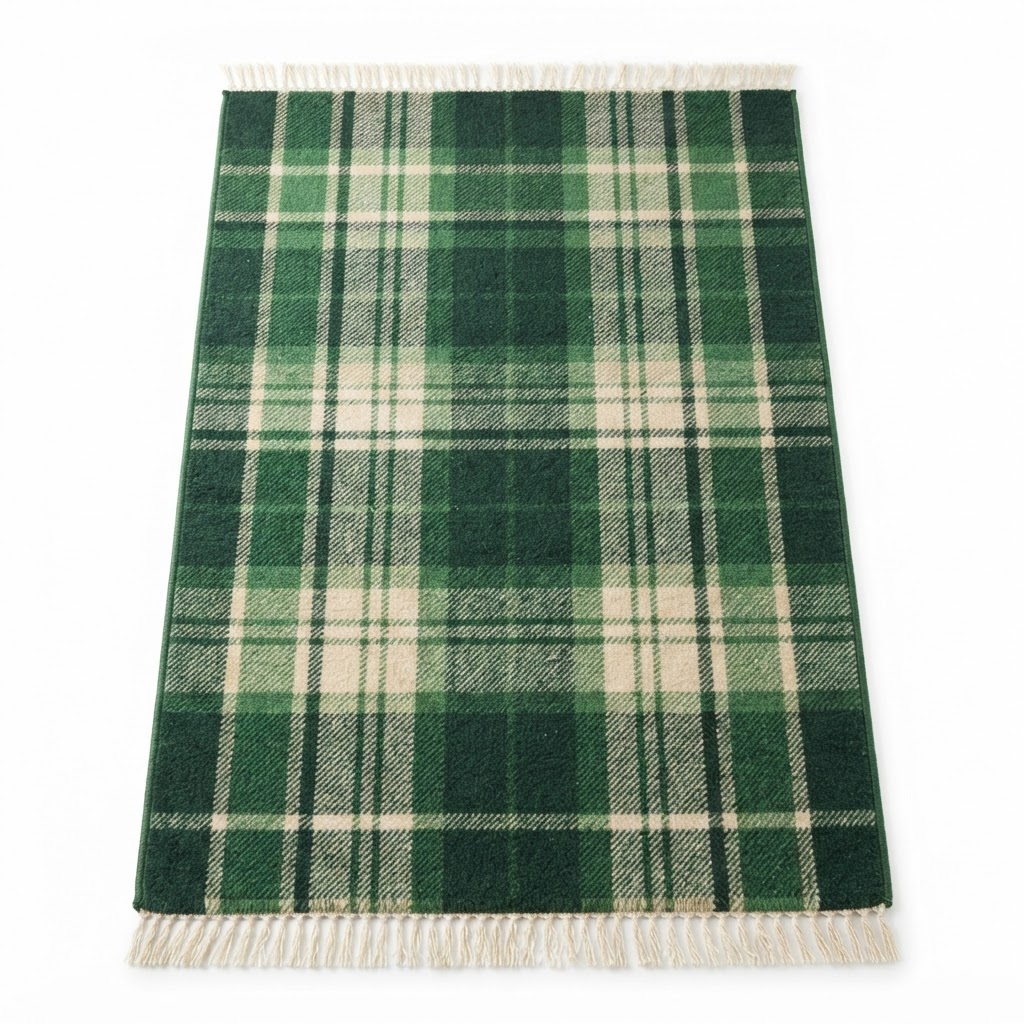 Plaid Green and Cream Area Rug