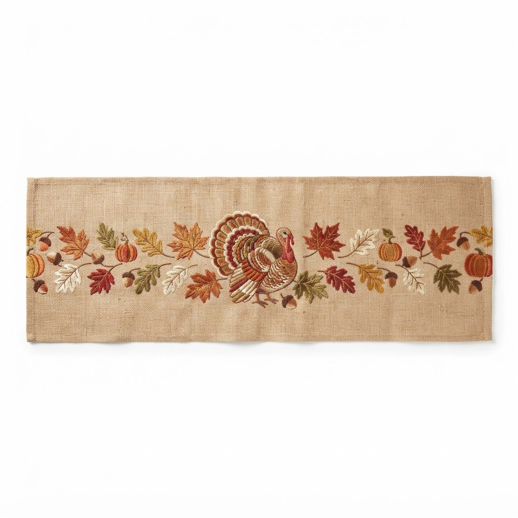 Harvest Turkey Embroidered Burlap Table Runner