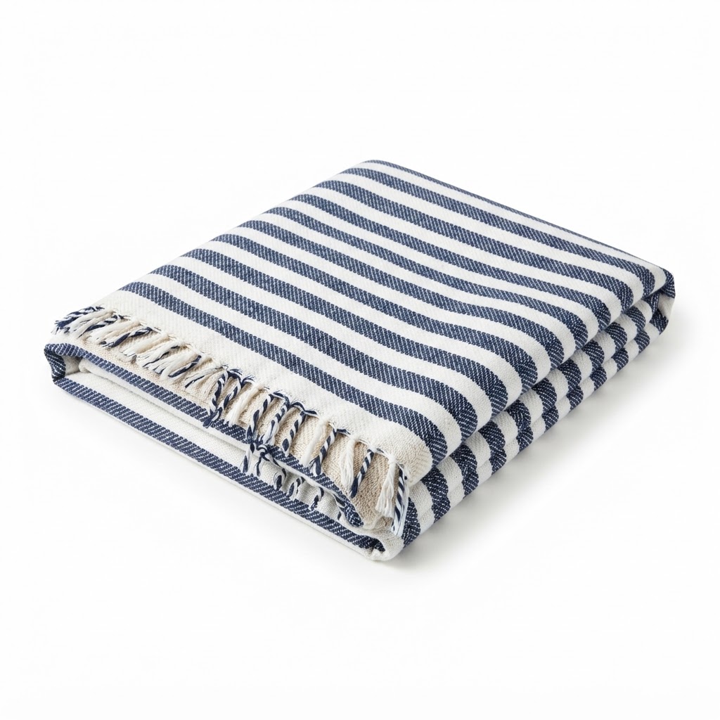 Striped Navy and White Cotton Throw