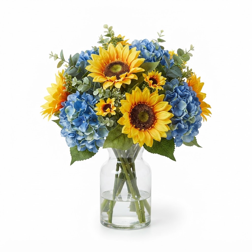 Summer Faux Sunflower and Hydrangea Arrangement