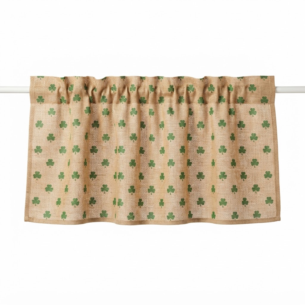 Burlap And Green Clover Kitchen Valance