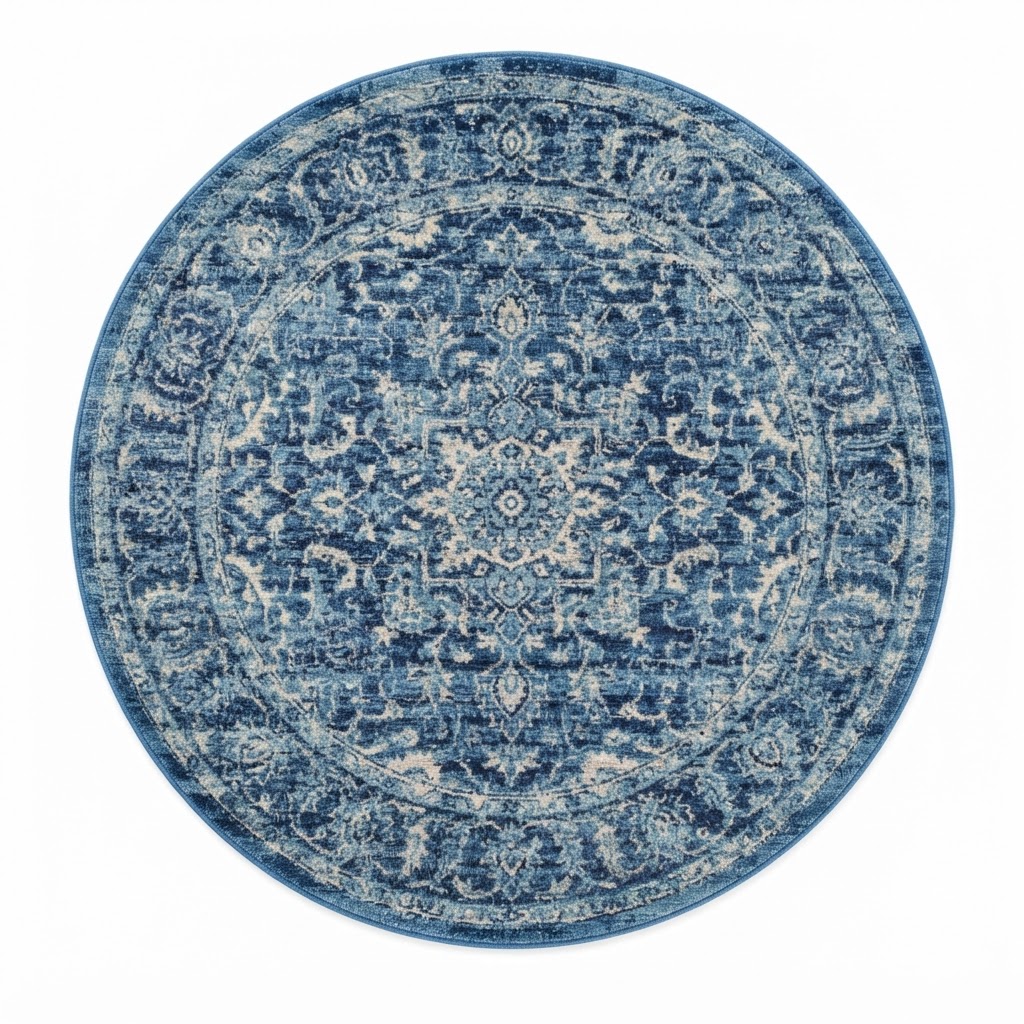 Round Distressed Blue Persian Rug