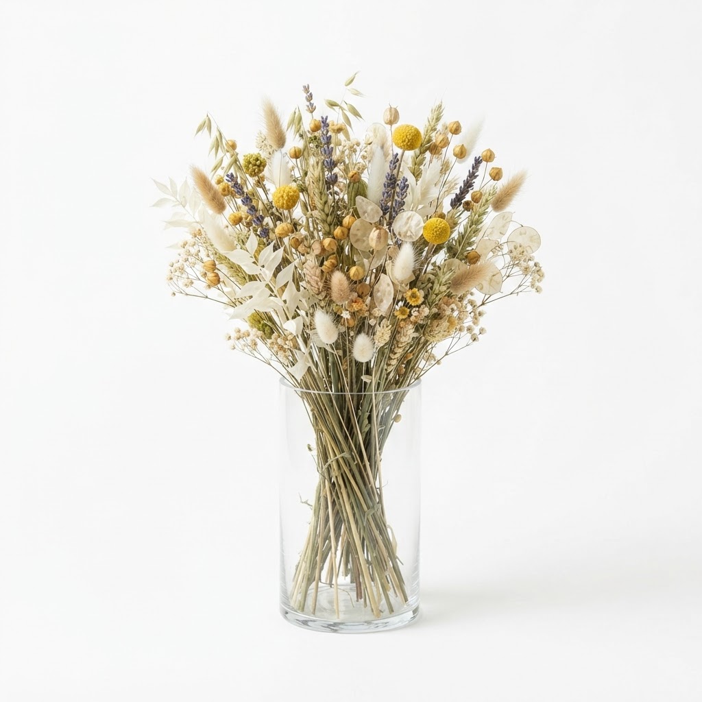 Dried Floral Arrangement in Glass Vase