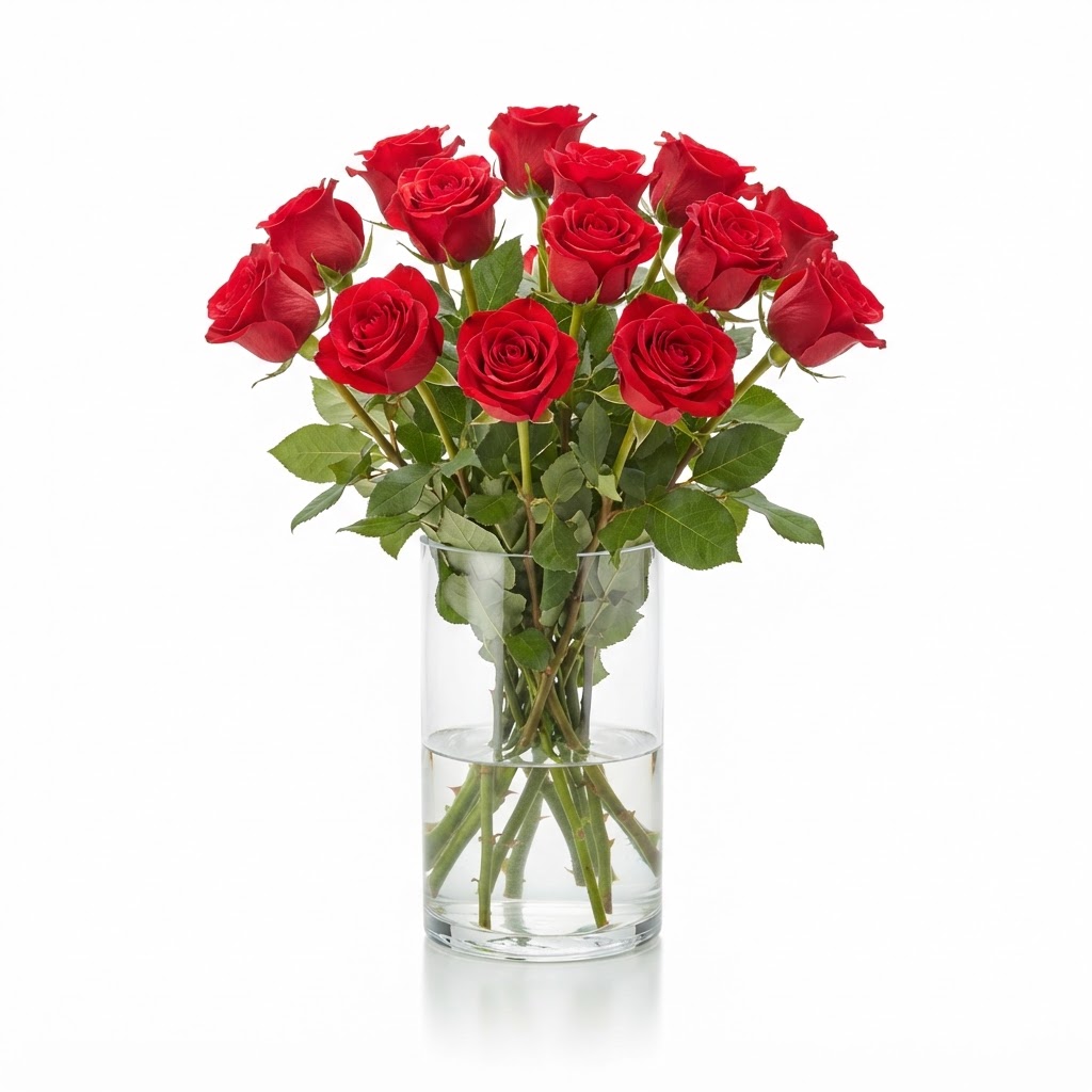 Glass Vase with Red Rose Bouquet