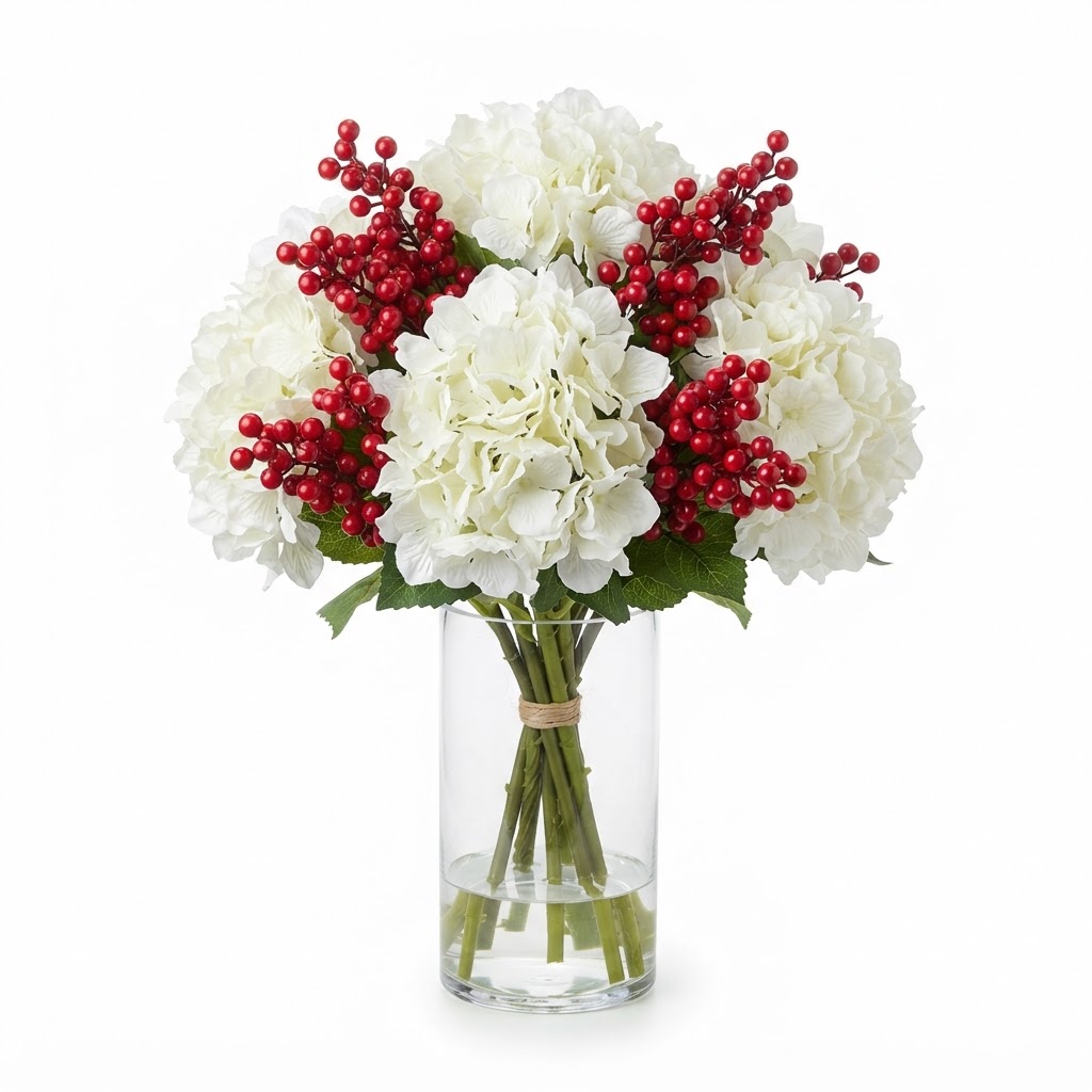 Red Berry and White Hydrangea Artificial Bouquet
