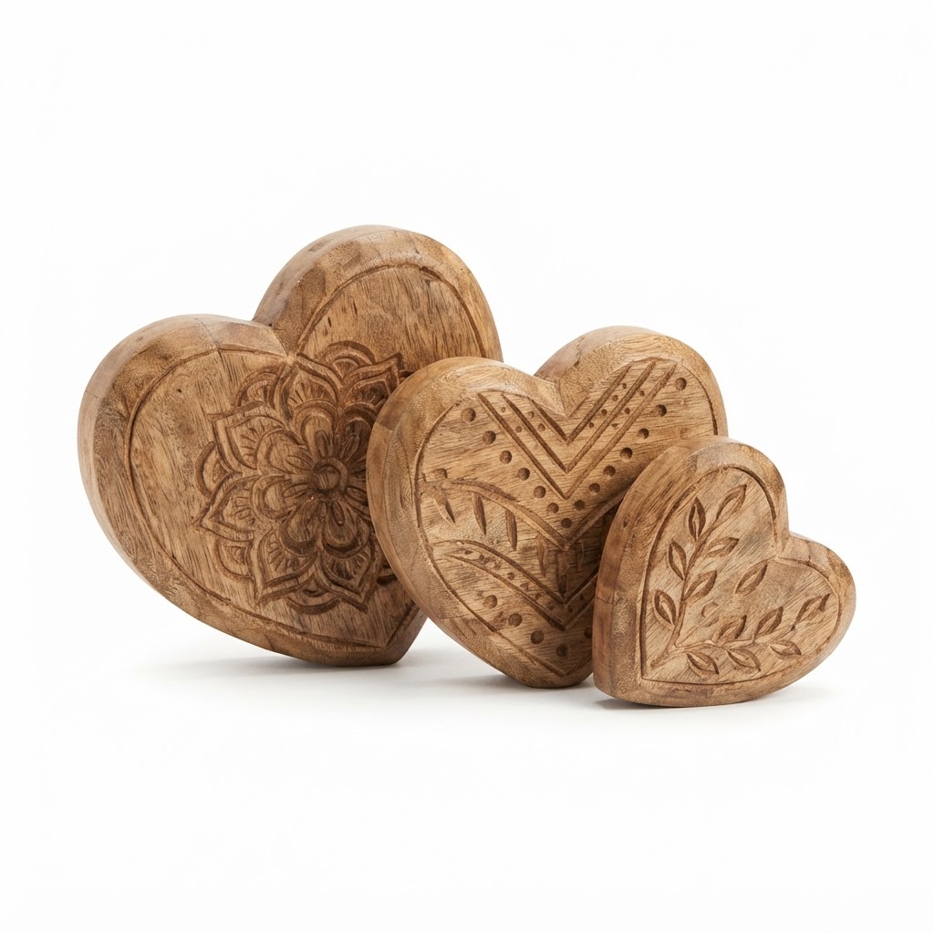 Carved Wood Decorative Heart Set