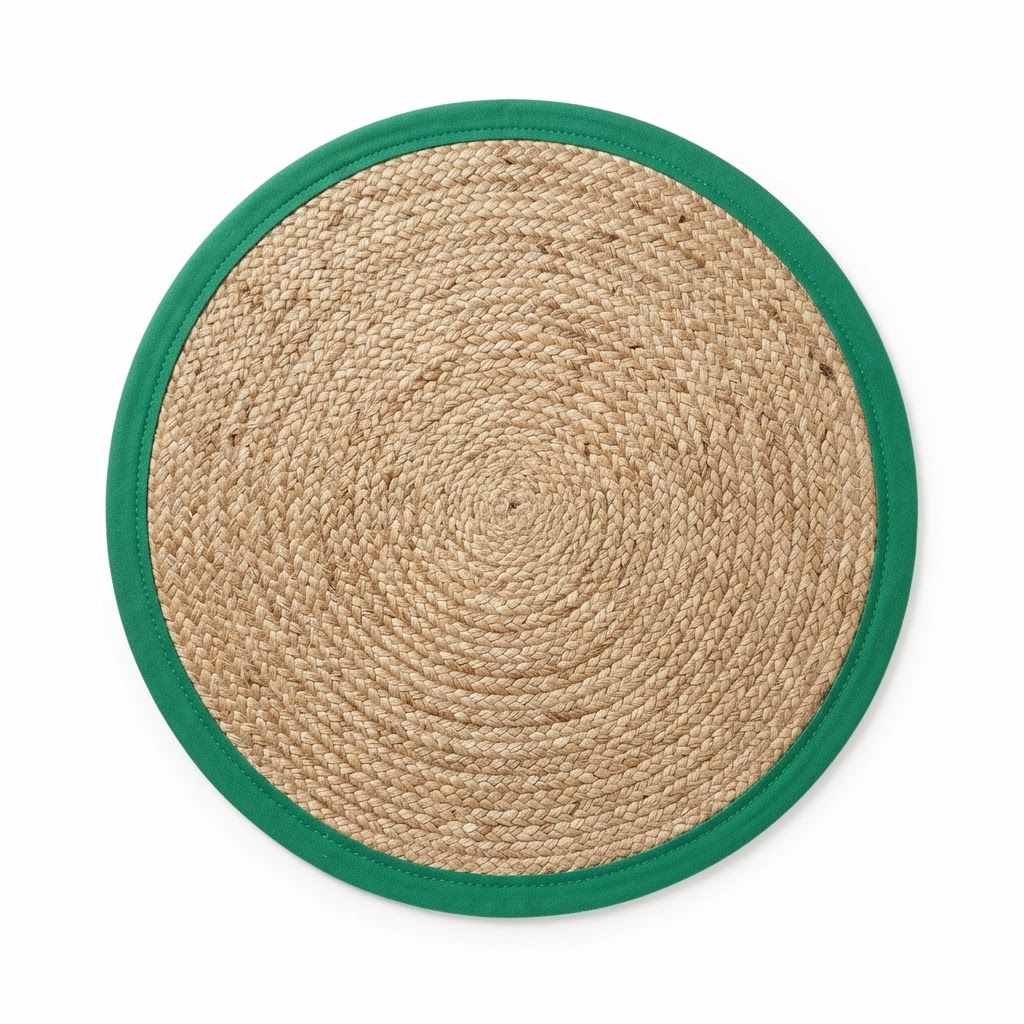 Jute and Green Border Round Rug