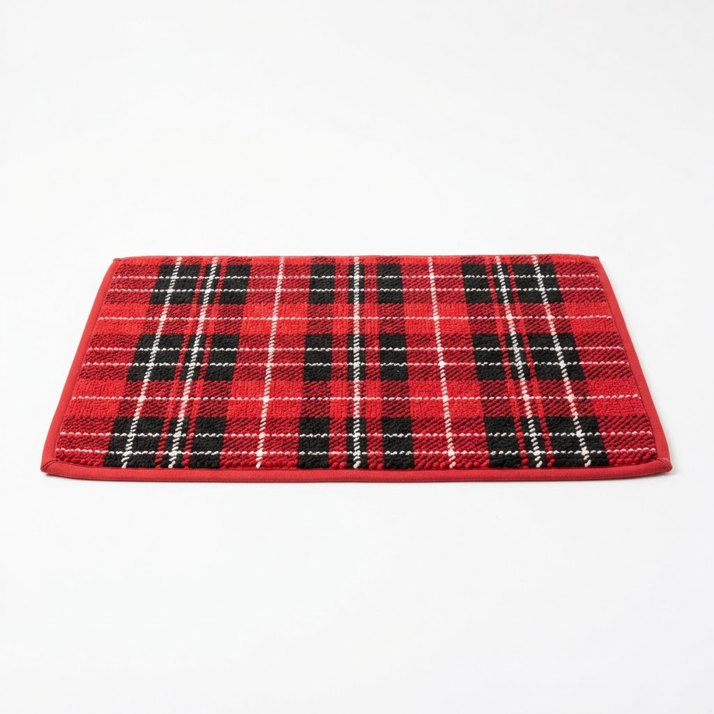 Classic Red Plaid Cotton Bath Rug