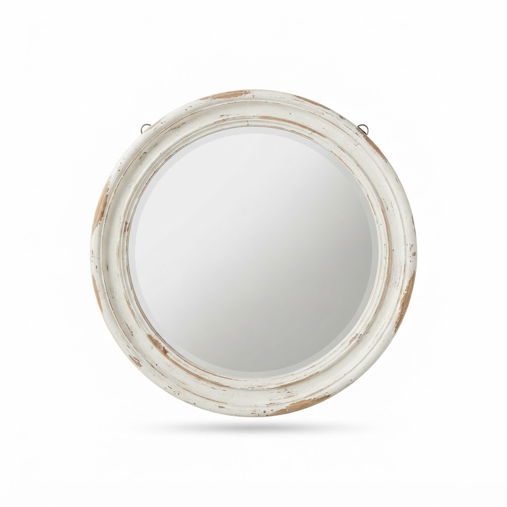 White Distressed Round Mirror