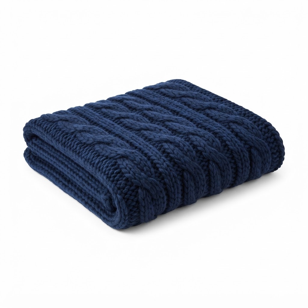 Blue Knit Wool Throw Blanket