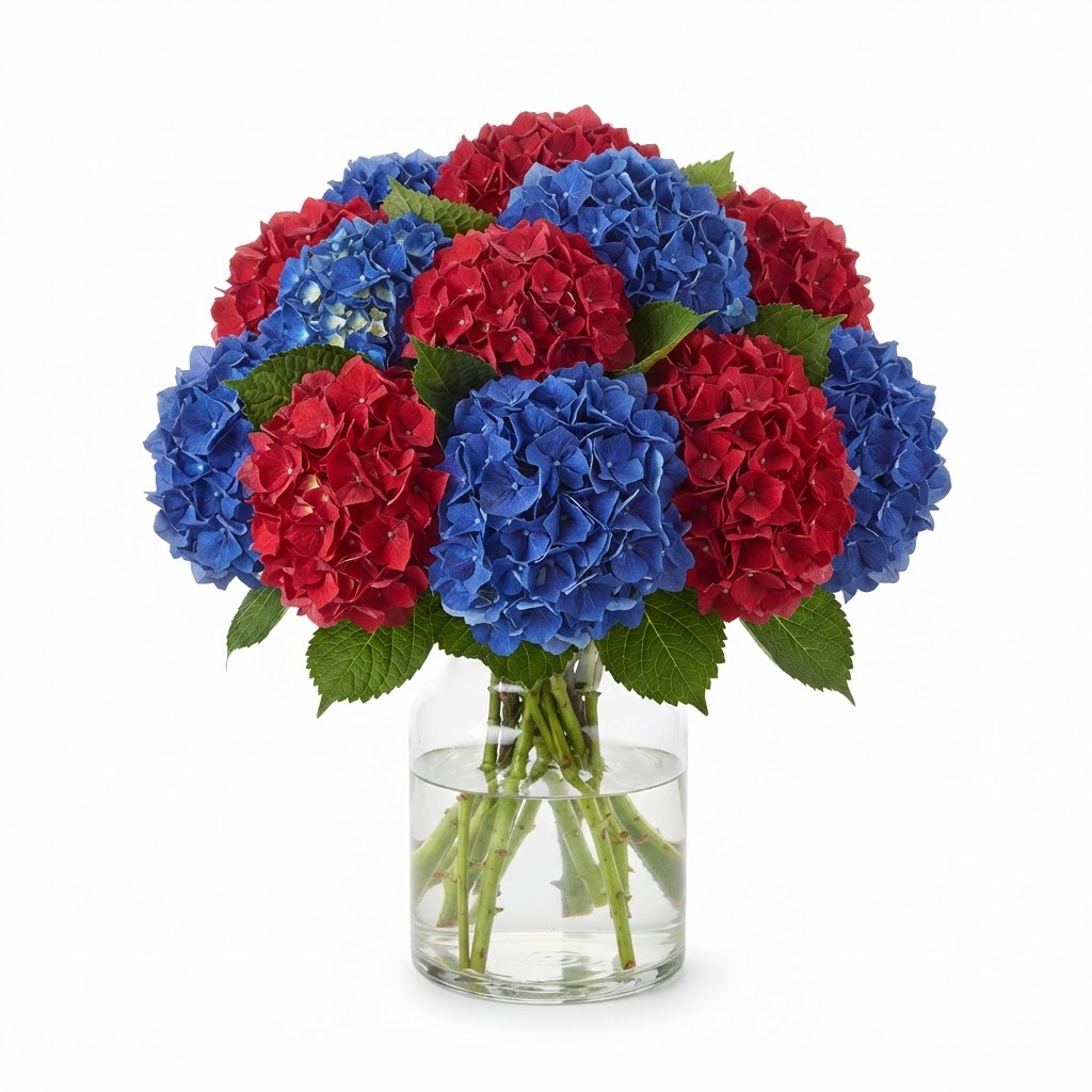 Red and Blue Hydrangea Floral Arrangement