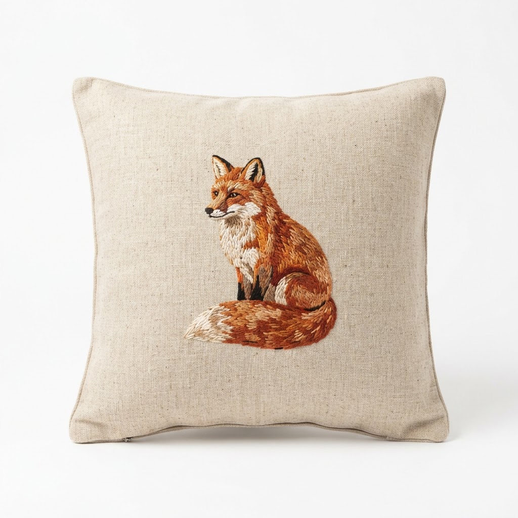 Fox Embroidered Throw Pillow