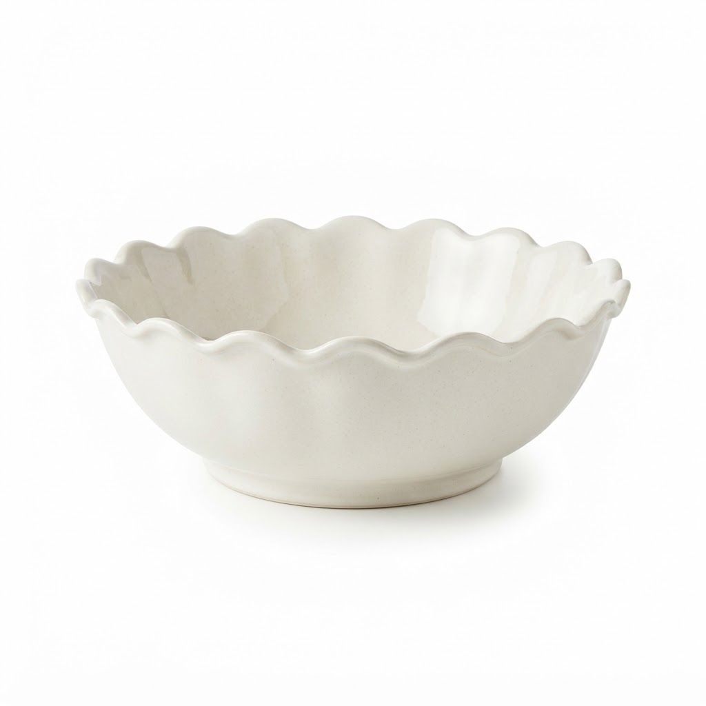 Cream Scalloped Ceramic Serving Bowl
