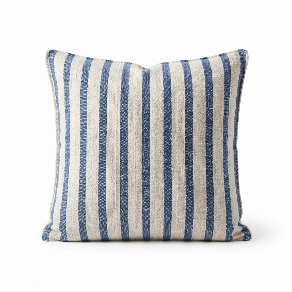 Blue Striped Cotton Throw Pillow