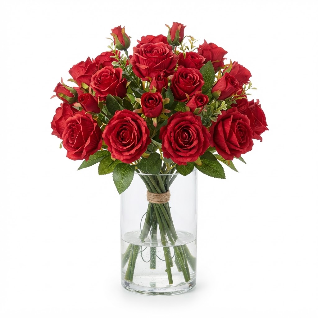 Artificial Red Rose Bouquet in Glass Vase