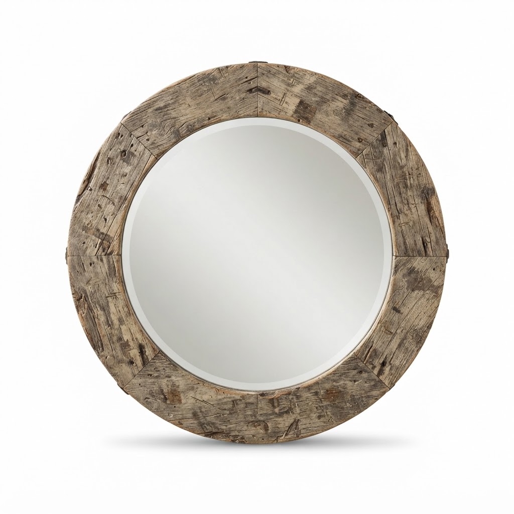 Distressed Wood Round Mirror