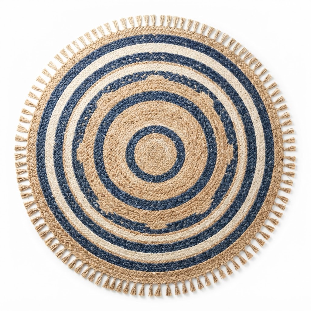Hand-Woven Blue and Cream Jute Round Rug