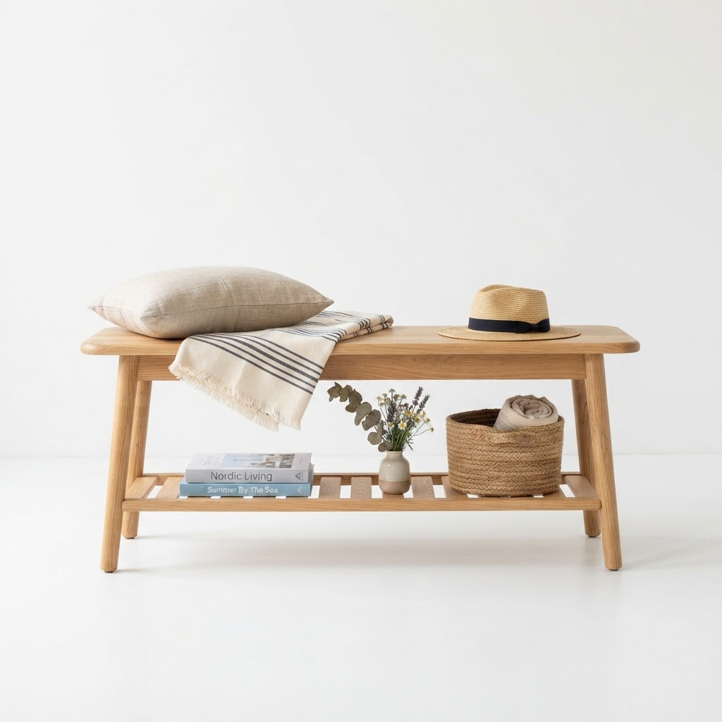 Scandinavian Wooden Bench with Shelf