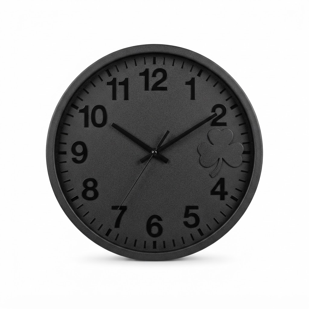Matte Black Metal Wall Clock with Shamrock Accent
