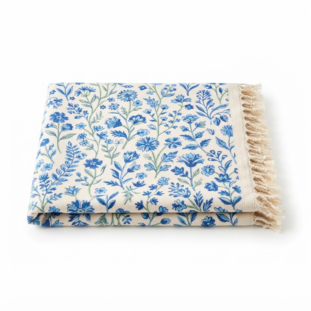 Blue Floral Cotton Throw