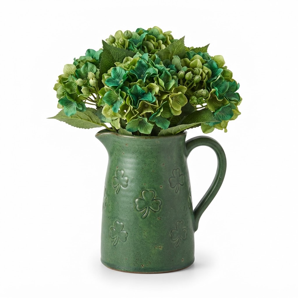 Faux Green Hydrangea Ceramic Pitcher