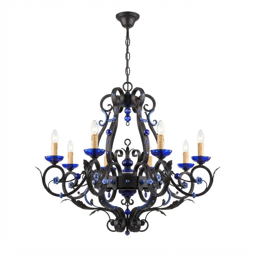 Iron Chandelier with Blue Accents