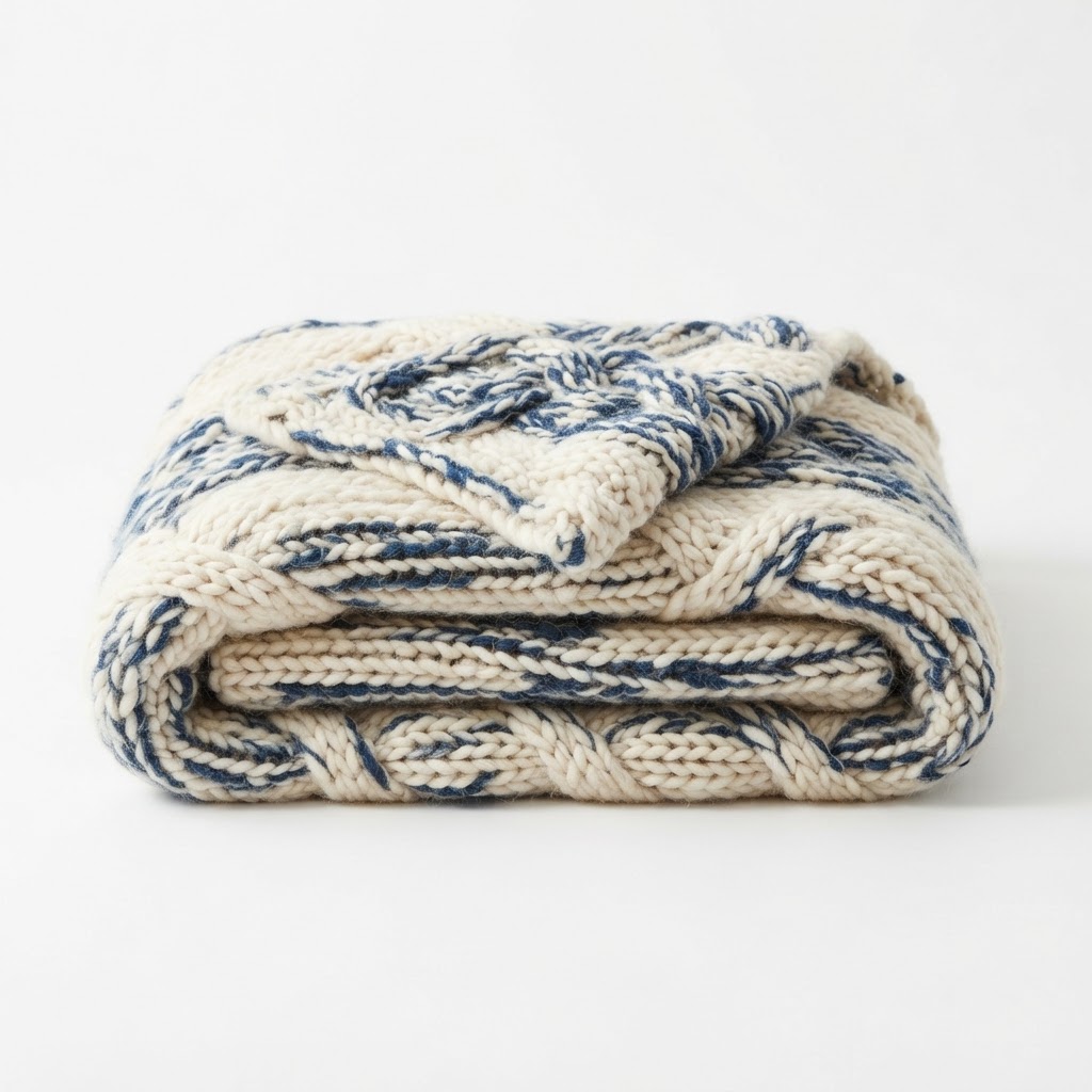 Chunky Knit Cream and Blue Throw Blanket