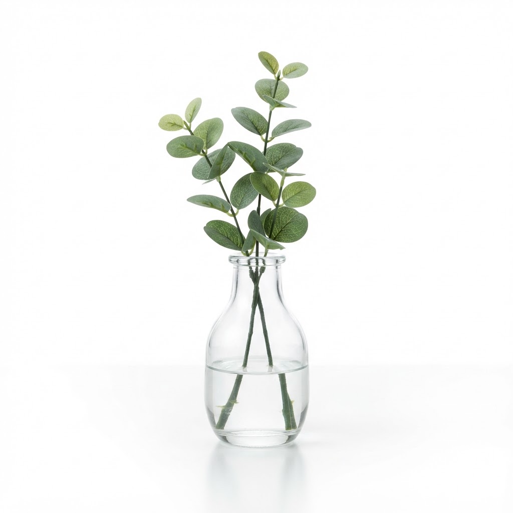 Glass Bud Vase with Faux Eucalyptus