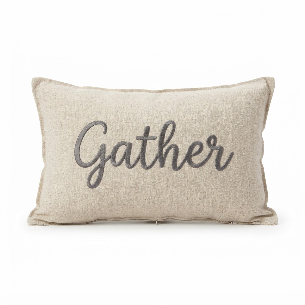 Embroidered Gather Text Lumbar Pillow