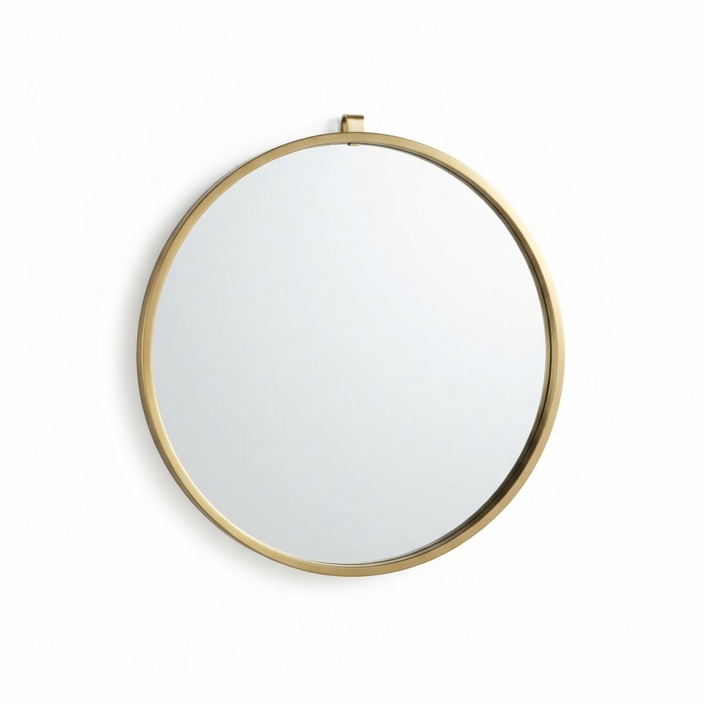 brass rimmed round wall mirror