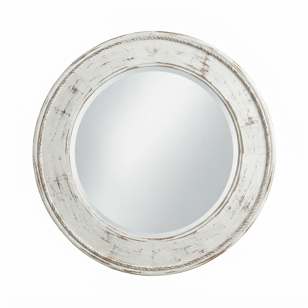 Round Distressed White Wall Mirror