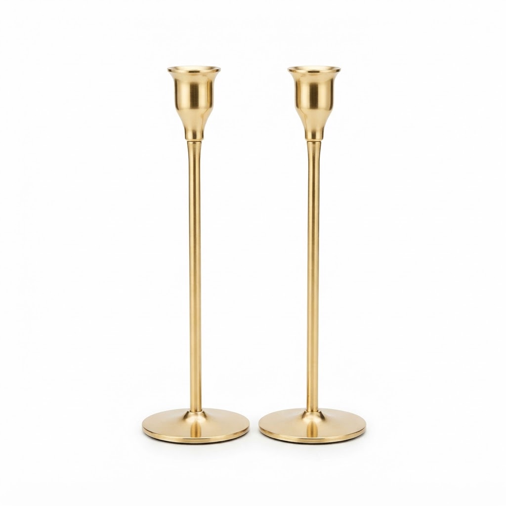 Set of Two Tall Gold Taper Candle Holders