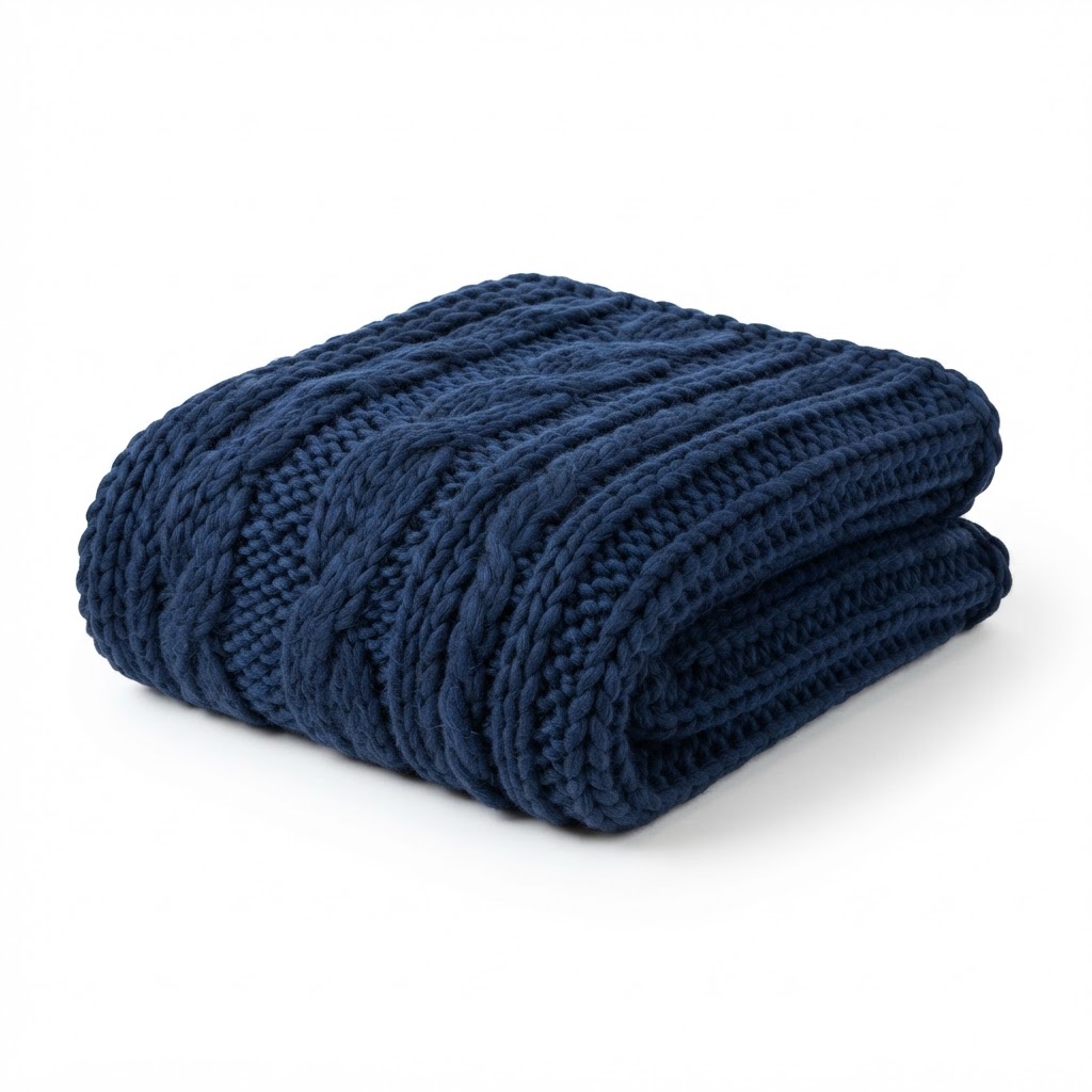 Transitional Navy Blue Chunky Knit Throw Blanket
