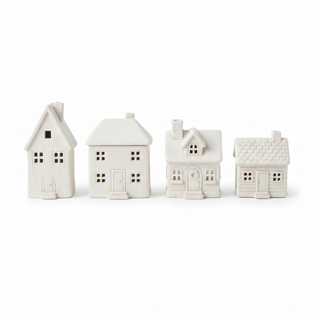 Set of White Ceramic House Ornaments