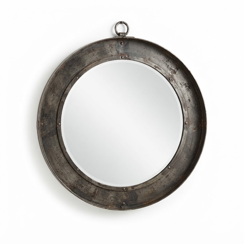 Distressed Metal Round Wall Mirror