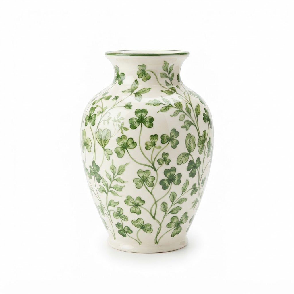 Transitional White and Green Botanical Ceramic Vase